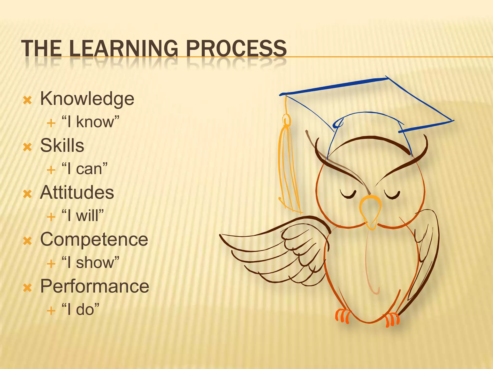 The Learning processKnowledge“I know”Skills“I can”Attitudes“I will”Competence“I show”Performance“I do”