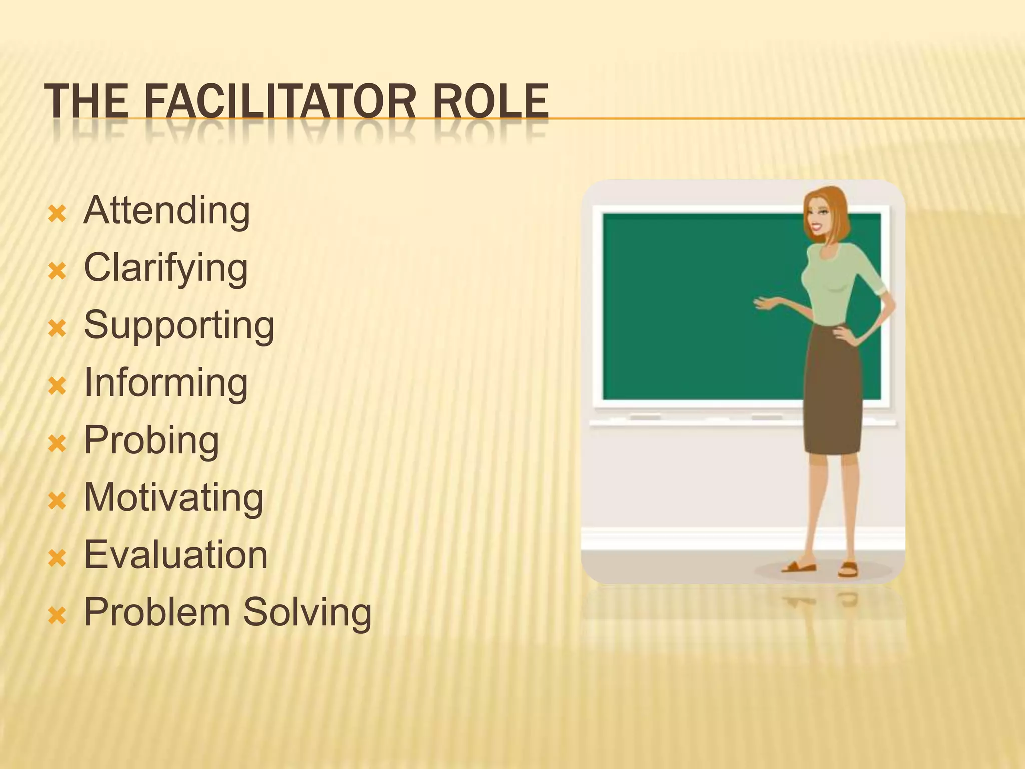 The Facilitator roleAttendingClarifyingSupportingInformingProbingMotivatingEvaluationProblem Solving