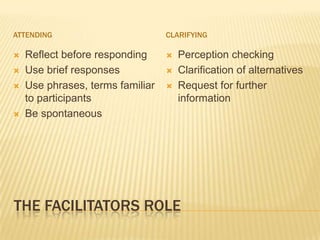 The Facilitators RoleAttendingclarifyingReflect before respondingUse brief responsesUse phrases, terms familiar to participantsBe spontaneous Perception checkingClarification of alternativesRequest for further information