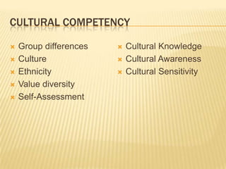 Cultural CompetencyGroup differencesCultureEthnicityValue diversitySelf-AssessmentCultural KnowledgeCultural AwarenessCultural Sensitivity