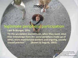 model



legitimate peripheral participation
 Lave & Wenger, 1991
 “In the workplace, learners can, when they need, steal
 their knowledge from the social periphery made up of
 other, more experienced workers and ongoing, socially
 shared practice.”     (Brown & Duguid, 1992)

                                                                                George Siemens
                                                                                http://www.connectivism.ca/?p=220 (model)
                                                                                Ted Kahn, New Model of Education, Seven Skills
                                                                                Jean Lave & Etienne Wenger, LPP
               Picture courtesy of http://www.flickr.com/photos/rollerboogie/   http://en.wikipedia.org/wiki/Legitimate_peripheral
                                                                                _participation
 