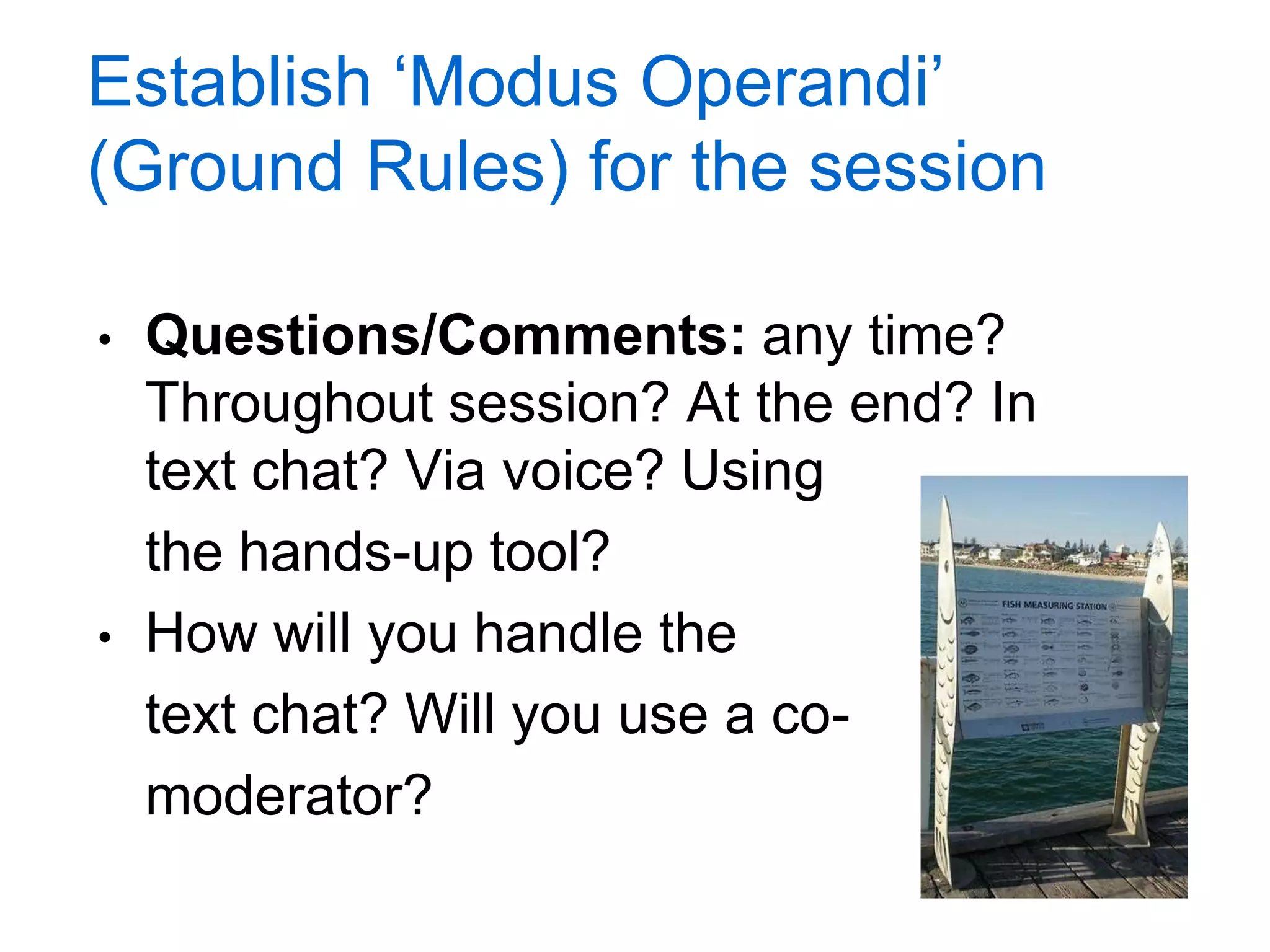 Establish „Modus Operandi‟
(Ground Rules) for the session

•   Questions/Comments: any time?
    Throughout session? At the end? In
    text chat? Via voice? Using
    the hands-up tool?
•   How will you handle the
    text chat? Will you use a co-
    moderator?
 