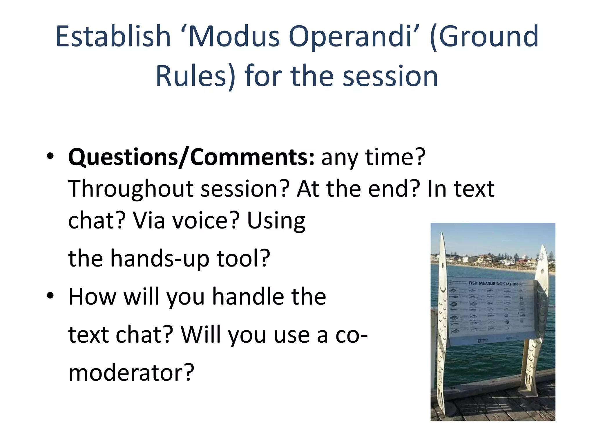 Establish ‘Modus Operandi’ (Ground
        Rules) for the session

• Questions/Comments: any time?
  Throughout session? At the end? In text
  chat? Via voice? Using
  the hands-up tool?
• How will you handle the
  text chat? Will you use a co-
  moderator?
 