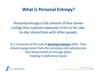 Powerful metrics that enable leaders to measure and manage cultures.
www.valuescentre.com
50
What is Personal Entropy?
Personal entropy is the amount of fear-driven
energy that a person expresses in his or her day-
to-day interactions with other people.
It is a measure of the lack of personal mastery skills. Fear-
driven energy arises from the conscious and subconscious
fear-based beliefs of the ego about
meeting its deficiency needs.
 