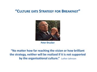 “No matter how far reaching the vision or how brilliant
the strategy, neither will be realized if it is not supported
by the organisational culture.” Luther Johnson
Peter Drucker
“CULTURE EATS STRATEGY FOR BREAKFAST”
 