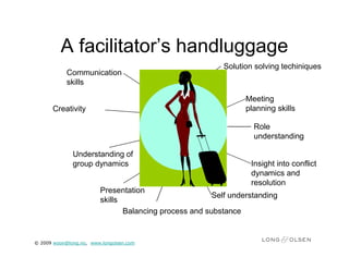 A facilitator’s handluggage
                                                          Solution solving techiniques
            Communication
            skills

                                                                Meeting
      Creativity                                                planning skills

                                                                  Role
                                                                  understanding

              Understanding of
              group dynamics                                     Insight into conflict
                                                                 dynamics and
                                                                 resolution
                        Presentation
                                                       Self understanding
                        skills
                               Balancing process and substance


© 2009 woon@long.no, www.longolsen.com
 