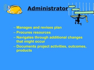 Administrator Manages and revises plan Procures resources Navigates through additional changes that might occur Documents project activities, outcomes, products  