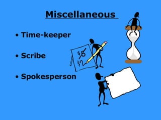 Miscellaneous  Time-keeper Scribe Spokesperson 