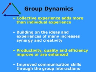 Group Dynamics Collective experience adds more than individual experience Building on the ideas and experiences of many increases synergy and creativity Productivity, quality and efficiency improve or are enhanced Improved communication skills through the group interactions 
