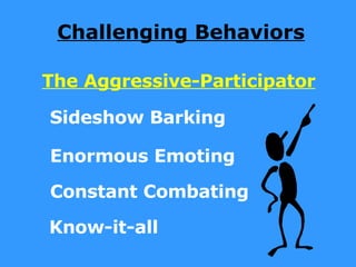 Challenging Behaviors The Aggressive-Participator Sideshow Barking Enormous Emoting Constant Combating Know-it-all 