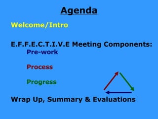 Agenda Welcome/Intro E.F.F.E.C.T.I.V.E Meeting Components: Pre-work Process Progress Wrap Up, Summary & Evaluations 