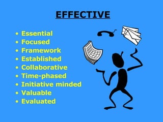 EFFECTIVE Essential Focused Framework Established Collaborative Time-phased Initiative minded Valuable Evaluated 