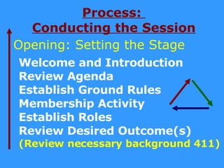 Process:  Conducting the Session Welcome and Introduction Review Agenda Establish Ground Rules Membership Activity Establish Roles Review Desired Outcome(s) (Review necessary background 411) Opening: Setting the Stage 