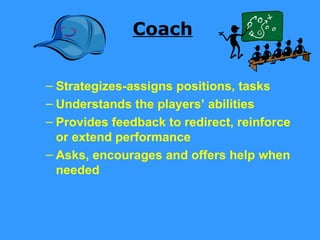 Coach


– Strategizes-assigns positions, tasks
– Understands the players’ abilities
– Provides feedback to redirect, reinforce
  or extend performance
– Asks, encourages and offers help when
  needed
 