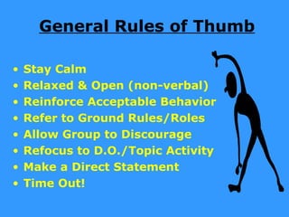 General Rules of Thumb

•   Stay Calm
•   Relaxed & Open (non-verbal)
•   Reinforce Acceptable Behavior
•   Refer to Ground Rules/Roles
•   Allow Group to Discourage
•   Refocus to D.O./Topic Activity
•   Make a Direct Statement
•   Time Out!
 