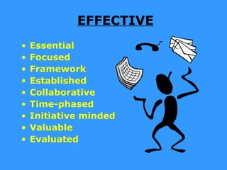EFFECTIVE
•   Essential
•   Focused
•   Framework
•   Established
•   Collaborative
•   Time-phased
•   Initiative minded
•   Valuable
•   Evaluated
 