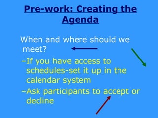 Pre-work: Creating the
       Agenda

When and where should we
meet?
–If you have access to
 schedules-set it up in the
 calendar system
–Ask participants to accept or
 decline
 