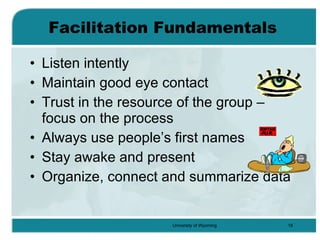 Facilitation Fundamentals Listen intently Maintain good eye contact Trust in the resource of the group – focus on the process Always use people’s first names Stay awake and present Organize, connect and summarize data 