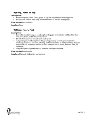 Page 9 of 10
8) Song, Poem or Rap
Description:
• Have each group create a song, poem or rap that incorporates their key points
• Groups then present their song, poem or rap back to the rest of the group
Time required: 20 minutes
Supplies: None
9) Head, Heart, Feet
Description:
• Post a flip chart drawing on a wall or place the paper person in the middle of the floor
with head, heart, and feet explicitly shown.
• Distribute three sticky notes to each participant.
• Ask participants to identify three things (one per sticky note) they learned in the
workshop/session: a new idea, a feeling, and an action idea or skill (something they can
use outside the workshop/session). (Invite contributions in words, headline form, or
drawings.)
• Ask participants to put their sticky noted on the larger flip-chart.
Time required: 15 minutes
Supplies: Flipchart, sticky notes and markers
 