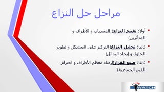 ‫النزاع‬ ‫حل‬ ‫مراحل‬
•‫أوال‬:‫النزاع‬ ‫تقييم‬)‫المسباب‬‫و‬ ‫األطراف‬ ‫و‬
‫المتأثرين‬(
•‫ثانيا‬:‫النزاع‬ ‫تحليل‬)‫تطوير‬ ‫و‬ ‫المشكل‬ ‫على‬ ‫التركيز‬
‫البدائل‬ ‫إيجاد‬ ‫و‬ ‫الحلول‬(
•‫ثالثا‬:‫القرار‬ ‫صنع‬)‫احترام‬ ‫و‬ ‫األطراف‬ ‫معظم‬ ‫إرضاء‬
‫الجماعية‬ ‫القيم‬(
 