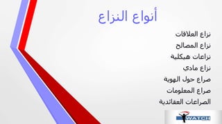 ‫النزاع‬ ‫أنواع‬
‫العالقات‬ ‫نزاع‬
‫المصالح‬ ‫نزاع‬
‫نزاعات‬‫هيكلية‬
‫نزاع‬‫مادي‬
‫الهوية‬ ‫حول‬ ‫صراع‬
‫المعلومات‬ ‫صراع‬
‫العقائدية‬ ‫الصراعات‬
 