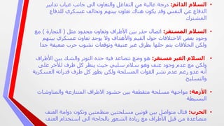 •‫الدائم‬ ‫السالم‬:‫درجة‬‫والتعاون‬ ‫التفاعل‬ ‫من‬ ‫عالية‬‫ال‬‫ى‬‫تدابير‬ ‫غياب‬ ‫جانب‬
‫للدفاع‬ ‫عسكري‬ ‫وتحالف‬ ‫بينهم‬ ‫تعاون‬ ‫هناك‬ ‫يكون‬ ‫وقد‬ ‫النفس‬ ‫عن‬ ‫الدفاع‬
‫المشترك‬
•‫المستقر‬ ‫السالم‬:‫اتصال‬‫مثل‬ ‫محدود‬ ‫وتعاون‬ ‫األطراف‬ ‫بين‬ ‫حذر‬(‫التجارة‬)‫مع‬
‫بينهم‬ ‫عسكري‬ ‫تعاون‬ ‫يوجد‬ ‫وال‬ ‫واألهداف‬ ‫القيم‬ ‫حول‬ ‫االختالفات‬ ‫بعض‬ ‫وجود‬
‫ضعيفة‬ ‫حرب‬ ‫نشوب‬ ‫وتوقعات‬ ‫عنيفة‬ ‫غير‬ ‫بطرق‬ ‫حلها‬ ‫يتم‬ ‫الخالفات‬ ‫ولكن‬‫ج‬‫دا‬
•‫مستقر‬ ‫الغير‬ ‫السالم‬:‫هو‬‫بين‬ ‫والشك‬ ‫التوتر‬ ‫حده‬ ‫فيه‬ ‫تتصاعد‬ ‫وضع‬‫األطراف‬
‫على‬ ‫لألخر‬ ‫طرف‬ ‫كل‬ ‫ينظر‬ ‫حيث‬ ‫سلبي‬ ‫سالم‬ ‫وهو‬ ‫عنف‬ ‫وجود‬ ‫عدم‬ ‫مع‬ ‫ولكن‬
‫أن‬‫ه‬‫العسكري‬ ‫قدراته‬ ‫طرف‬ ‫كل‬ ‫يطور‬ ‫ولكن‬ ‫المسلحة‬ ‫القوات‬ ‫نشر‬ ‫عدم‬ ‫رغم‬ ‫عدو‬‫ة‬
‫والتسليح‬
•‫األزمة‬:‫مواجهة‬‫المتنازعة‬ ‫االطراف‬ ‫حشود‬ ‫بين‬ ‫متقطعة‬ ‫مسلحة‬‫والمناوشات‬
‫البسيطة‬
•‫الحرب‬:‫قتال‬‫الع‬ ‫دوامة‬ ‫وتكون‬ ‫منظمتين‬ ‫مسلحتين‬ ‫قوتين‬ ‫بين‬ ‫متواصل‬‫نف‬
‫العنف‬ ‫استخدام‬ ‫الى‬ ‫بالحاجة‬ ‫الشعور‬ ‫زيادة‬ ‫مع‬ ‫األطراف‬ ‫قبل‬ ‫من‬ ‫متصاعدة‬
 