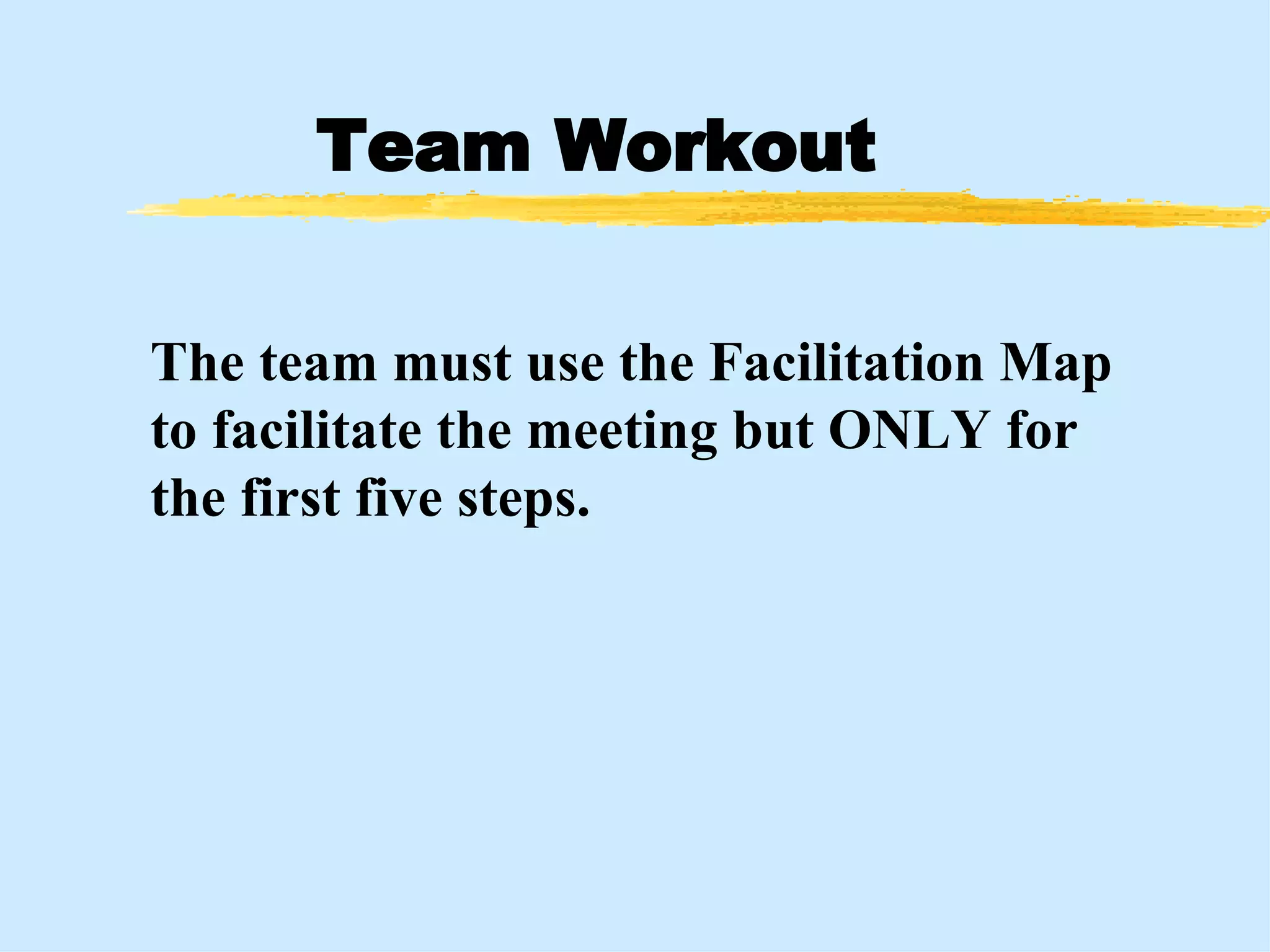 Team Workout The team must use the Facilitation Map to facilitate the meeting but ONLY for the first five steps. 