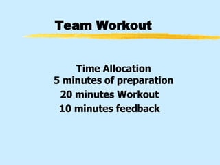 Team Workout Time Allocation 5 minutes of preparation 20 minutes Workout 10 minutes feedback 