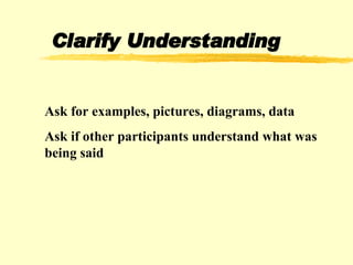 Clarify Understanding Ask for examples, pictures, diagrams, data Ask if other participants understand what was being said   