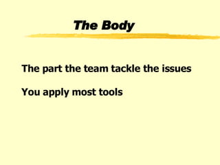 The Body The part the team tackle the issues You apply most tools 