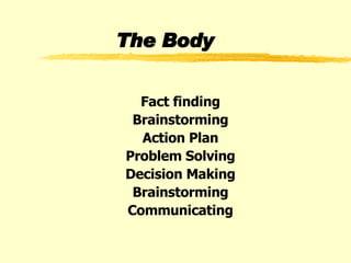 The Body Fact finding Brainstorming Action Plan Problem Solving Decision Making Brainstorming Communicating 