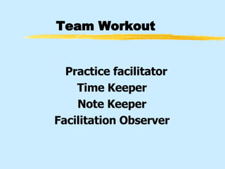 Team Workout Practice facilitator Time Keeper Note Keeper Facilitation Observer 