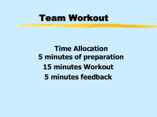 Team Workout Time Allocation 5 minutes of preparation 15 minutes Workout 5 minutes feedback 