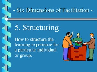 - Six Dimensions of Facilitation -   5. Structuring How to structure the learning experience for a particular individual or group. 