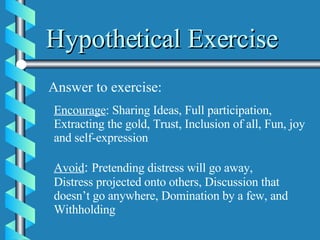 Hypothetical Exercise Answer to exercise: Encourage : Sharing Ideas, Full participation, Extracting the gold, Trust, Inclusion of all, Fun, joy and self-expression Avoid :  Pretending distress will go away, Distress projected onto others, Discussion that doesn’t go anywhere, Domination by a few, and Withholding  
