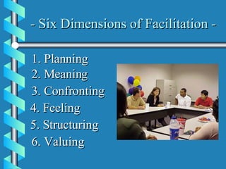 - Six Dimensions of Facilitation -   1. Planning 2. Meaning 3. Confronting 4. Feeling 5. Structuring 6. Valuing 