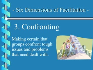 - Six Dimensions of Facilitation -   3. Confronting Making certain that groups confront tough issues and problems that need dealt with. 
