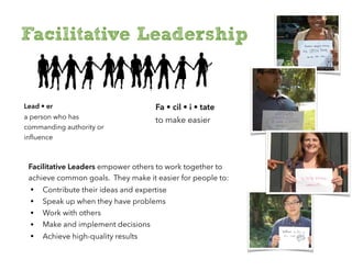 Facilitative Leadership
Lead • er
a person who has
commanding authority or
inﬂuence
Fa • cil • i • tate
to make easier
Facilitative Leaders empower others to work together to
achieve common goals. They make it easier for people to:
• Contribute their ideas and expertise
• Speak up when they have problems
• Work with others
• Make and implement decisions
• Achieve high-quality results
 