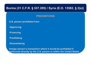 PROHIBITIONS U.S. person prohibited from Approving Financing Facilitating Guaranteeing foreign person’s transaction where it would be prohibited if performed directly by the U.S. person or within the United States Burma (31 C.F.R. § 537.205) / Syria (E.O. 13582, § 2(e))  