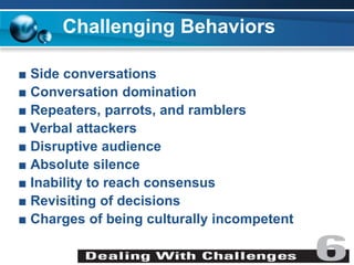 Challenging Behaviors
■ Side conversations
■ Conversation domination
■ Repeaters, parrots, and ramblers
■ Verbal attackers
■ Disruptive audience
■ Absolute silence
■ Inability to reach consensus
■ Revisiting of decisions
■ Charges of being culturally incompetent
 