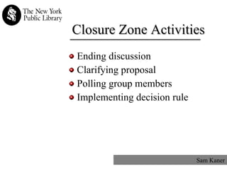 Closure Zone Activities Ending discussion Clarifying proposal Polling group members Implementing decision rule Sam Kaner 