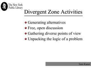   Divergent Zone Activities Generating alternatives Free, open discussion Gathering diverse points of view Unpacking the logic of a problem Sam Kaner 