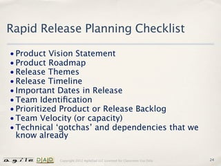 Rapid Release Planning Checklist

• Product Vision Statement
• Product Roadmap
• Release Themes
• Release Timeline
• Impor...