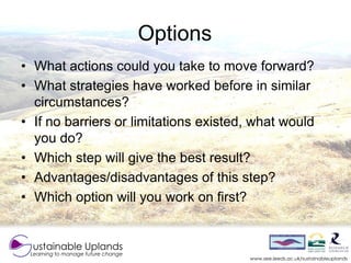 Options
• What actions could you take to move forward?
• What strategies have worked before in similar
  circumstances?
• ...