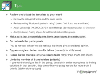 Tips
► Review and adapt the template to your need
► Review the rating instruction and the scale labels
► Review setting “Host participates in rating” (select “No” if you are a facilitator)
► Adapt variable [STAKEHOLDER] in each Rating’s (a) Title (b) Instruction (c) Criterion (!)
► Add (or delete) Rating sheets for additional stakeholder groups
► Make sure that the participants have understood the instruction!
► Do not rush the participants
You do not want to hear “We did not have the time to give a considered opinion.”
► Bypass single criterion results tables (use only for drill-down)
► Focus on the multiple-criteria results table rather than charts (for once!)
► Limit the number of Stakeholders (criteria)
If you want to analyze this in the group, possibly in order to progress to finding
solutions in that session, they are unlikely to grasp results for more than 5
criteria (stakeholder groups)
 