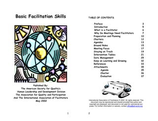 Basic Facilitation Skills                          TABLE OF CONTENTS

                                                          Preface                                                           3
                                                          Introduction                                                      5
                                                          What is a Facilitator                                             6
                                                          Why Do Meetings Need Facilitators                                 7
                                                          Preparation and Planning                                         10
                                                          Charters                                                         12
                                                          Agendas                                                          13
                                                          Ground Rules                                                     15
                                                          Meeting Focus                                                    17
                                                          Staying on Track                                                 19
                                                          Intervention Tables                                              21
                                                          Data Management                                                  29
                                                          Keep on Learning and Growing                                     32
                                                          References                                                       33
                                                          Attachments                                                      35
                                                                Agenda                                                     35
                                                                Charter                                                    36
                                                                Evaluation                                                 37



                Published By:
      The American Society for Quality’s
   Human Leadership and Development Division
 The Association for Quality and Participation
And The International Association of Facilitators
                   May 2002                         International Association of Facilitators © 2002. All rights reserved. This
                                                       document may be reproduced and shared provided that author and
                                                     copyright are displayed, and document is not used for commercial pur-
                                                     poses. For further information or waivers, contact office@iaf-world.org.



                                                1   2
 