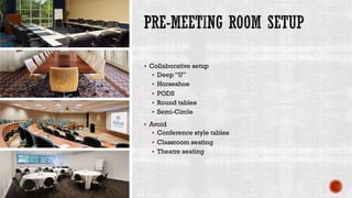 § Collaborative setup
§ Deep “U”
§ Horseshoe
§ PODS
§ Round tables
§ Semi-Circle
§ Avoid
§ Conference style tables
§ Classroom seating
§ Theatre seating
 