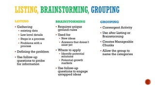 LISTING, BRAINSTORMING, GROUPING
LISTING
§ Gathering
§ existing data
§ Low level details
§ Steps in a process
§ Problems with a
process
§ Defining the problem
§ Use follow-up
questions to probe
for information
BRAINSTORMING
§ Requires unique
ground rules
§ Used for
§ New ideas
§ Answers that doesn’t
exist yet
§ Where to apply
§ Identify potential
solutions
§ Potential growth
markets
§ Use follow-up
questions to engage
untapped ideas
GROUPING
§ Convergent Activity
§ Use after Listing or
Brainstorming
§ Creates Manageable
Chunks
§ Allow the group to
name the categories
 