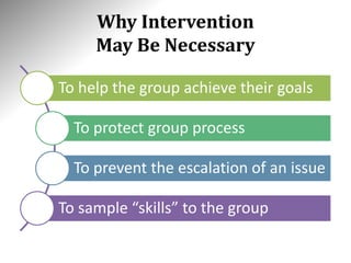 Why Intervention
May Be Necessary
To help the group achieve their goals
To protect group process
To prevent the escalation of an issue
To sample “skills” to the group
 