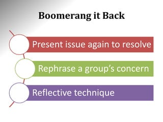 Boomerang it Back
Present issue again to resolve
Rephrase a group’s concern
Reflective technique
 
